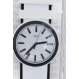A boxed Swatch water resistant wristwatch, appears to be new in box.