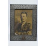 Arts and Crafts pewter rectangular easel-back photo frame with Worcestershire Firm logo to bottom