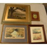 A mixed collection of framed art work to include a watercolour of a sea scene with indistinctive
