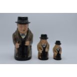 A trio of graduated Royal Doulton Toby jugs of Winston Churchill, tallest 24cm. In good condition