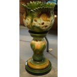 A large vintage green majolica jardinière on stand, possibly French, 64cm tall. In good condition