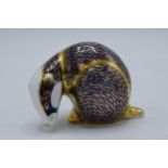 Boxed Royal Crown Derby paperweight Badger, first quality with gold stopper. In good condition