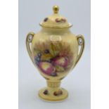 Aynsley Orchard Gold 23cm tall two-handled lidded urn with gilded decoration. Signed D. Jones. In