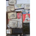 A box of vintage advertising tins of varying sizes and subjects to include Ogdens, Thorn's Toffee