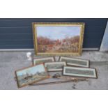 Hunting interest: a collection of hunting interest items to include framed prints, one in gilt-style