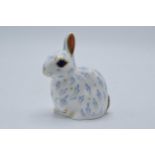 Boxed Royal Crown Derby paperweight Snowy Rabbit, first quality with gold stopper. In good condition