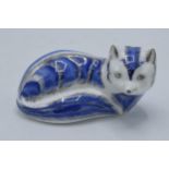 Boxed Royal Crown Derby paperweight Platinum Arctic Fox, first quality with gold stopper. In good