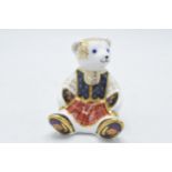 Boxed Royal Crown Derby paperweight Scottish Teddy Shona Bear, first quality with gold stopper. In