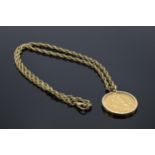 22ct gold 1912 Full Sovereign on a 9ct gold mount and chain, 46cm long, total weight 17.4 grams.