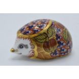 Boxed Royal Crown Derby paperweight Orchard Hedgehog, first quality with gold stopper. In good