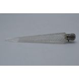 Silver topped conical glass cone-shaped scent bottle, Birmingham 1908, 19.5cm long. Associated