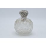 Silver topped globular scent bottle Chester 1906 with stopper, 14.5cm tall. Generally in good