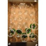A collection of vintage wine glasses and similar glasses to include a set of 6 Luminarc green footed
