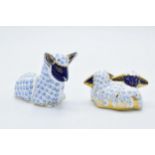 Boxed Royal Crown Derby paperweights Twin Lambs and a Lamb , first quality with gold stoppers. In