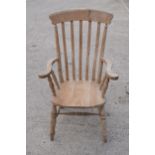 High backed pine carver chair / farm house chair, 113cm tall. In good functional condition with some