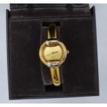 Boxed Gucci gold-plated stainless steel lady's bangle watch 1400L, 26mm without bezel, untested. Box