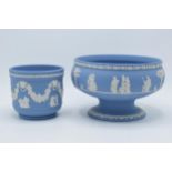 Wedgwood blue Jasperware footed pedestal bowl together with small jardinière (2). In good