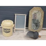 A mixed collection of vintage items to include a large stoneware-style breadbin, a scoop, brass