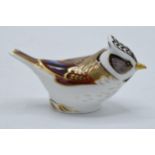 Boxed Royal Crown Derby paperweight Crested Tit, first quality with gold stopper. In good