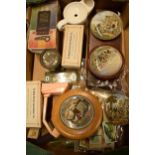A mixed collection of items to include 4 Prattware and similar pot lids, advertising tin,