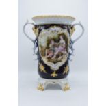 A large Retier pottery double-handled pottery with romantical scenes with gilt decoration, 32.5cm