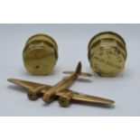 Antique brass hub caps, one named 'W. Carter Prize Builder Tatenhill', together with a trench art