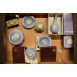 A collection of Wedgwood Jasperware to include light blue and sage green consisting of pin dishes,