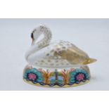 Boxed Royal Crown Derby paperweight White Swan Nesting, first quality with gold stopper. In good