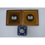 A pair of framed Wedgwood Black Jasperware oval plaques together with 19th century dip blue square