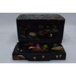 A pair of vintage 20th century oriental lacquer-style jewellery boxes together with Royal Wedding