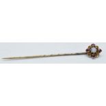 9ct gold mount opal and garnet stick pin with base metal pin, 6cm long.