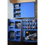 Warhammer in cardboard carry cases to include paints and brushes (mostly opened) and plastic vehicle