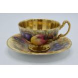 Aynsley Orchard Gold cup and saucer with gold detailing and interior, signed N Brunt, cup af (2).