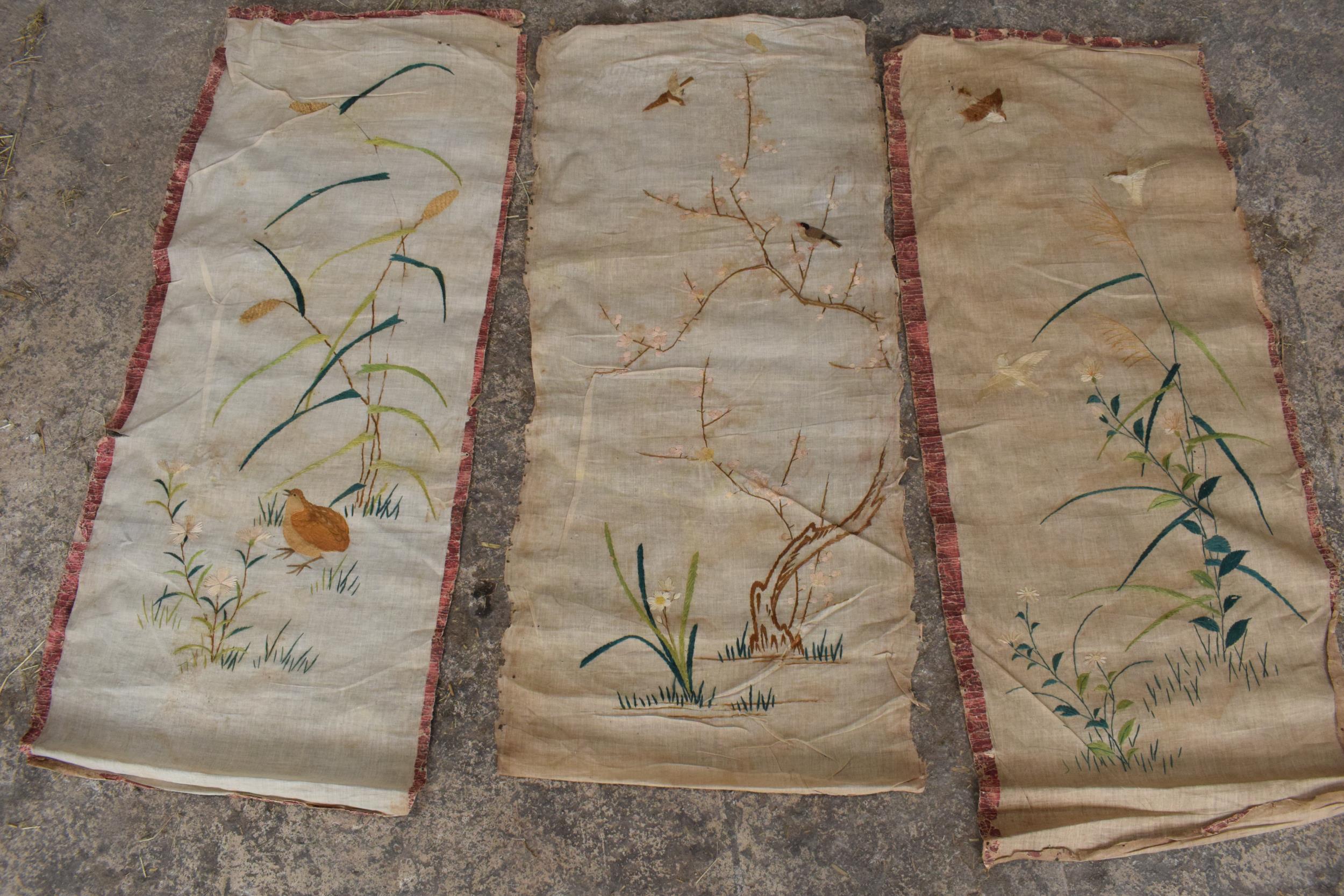 A collection of 6 Chinese silk wall hangings, each approximately 120 x 52cm. Condition varies. - Image 2 of 3