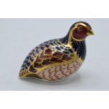 Boxed Royal Crown Derby paperweight Partridge, limited edition, first quality with gold stopper.