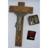 A trio of items to include a vintage French crucifix with skull and bones to base, a cased .800