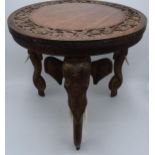 Vintage Anglo-Indian occasional table with carved decoration and elephants heads for legs, 38cm