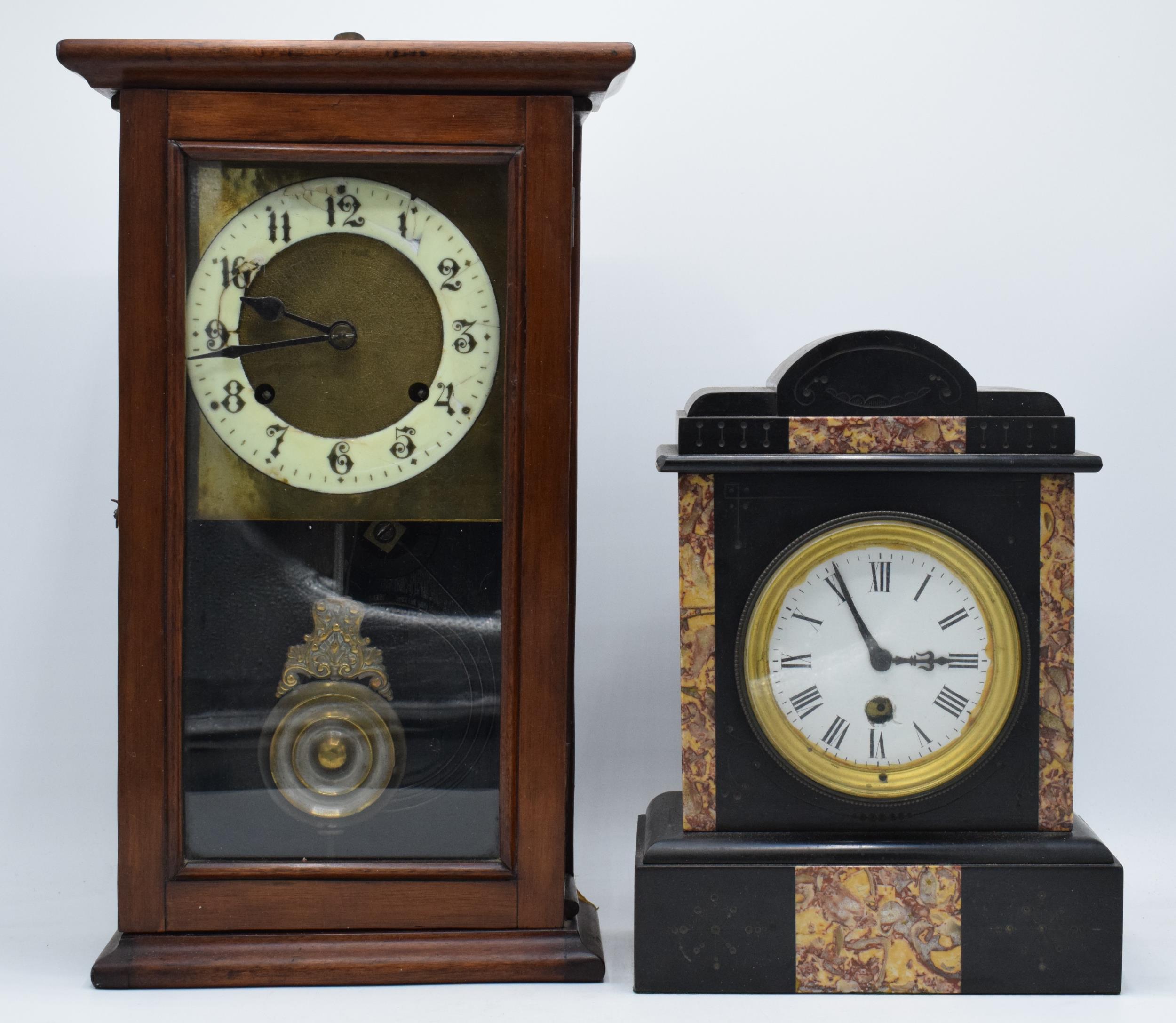 A vintage American wooden cased wall clock together with an early 20th century slate mantle clock (