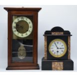 A vintage American wooden cased wall clock together with an early 20th century slate mantle clock (