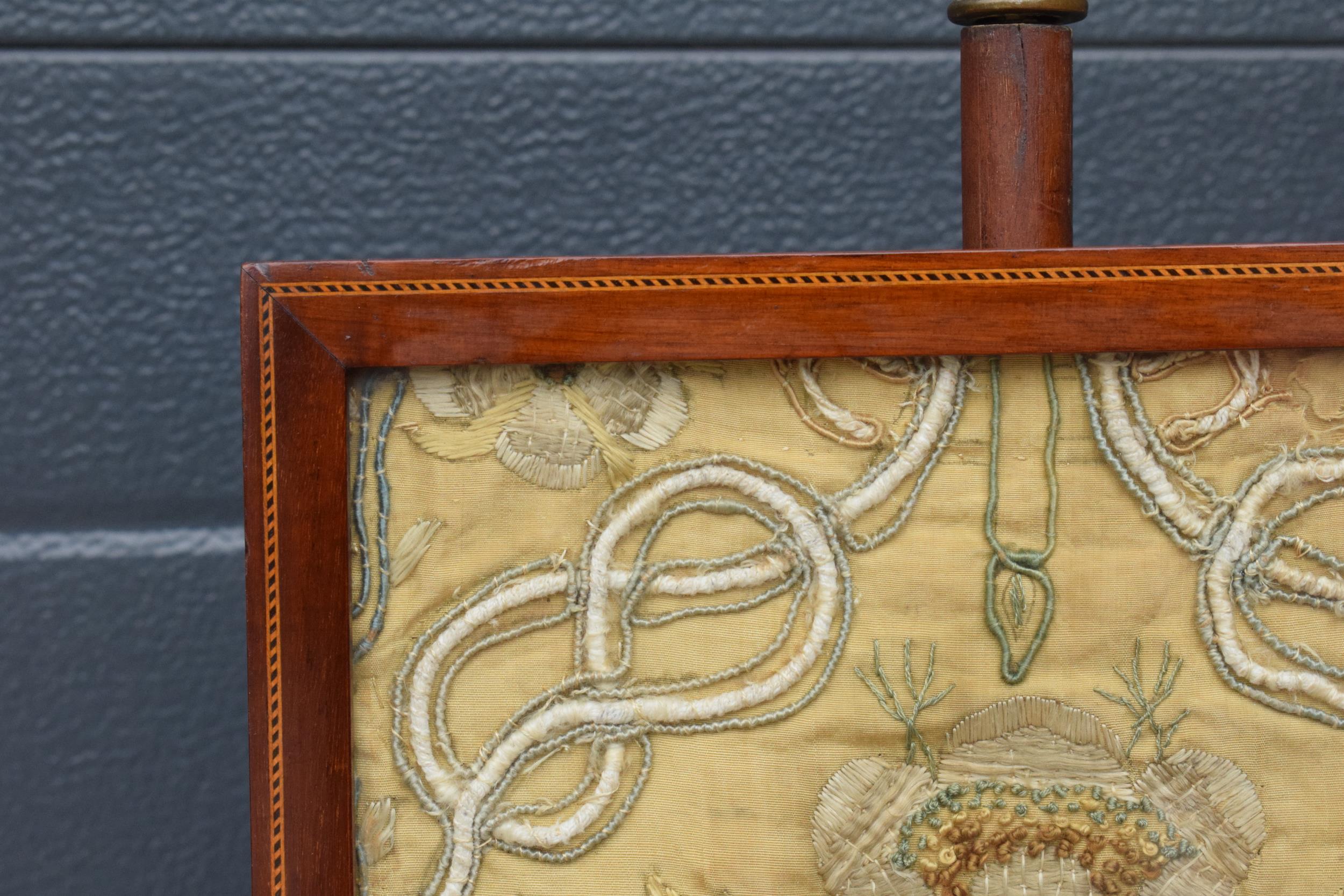 Georgian mahogany pole screen with silkwork panel on tripod base with inlaid decoration to panel - Image 6 of 10