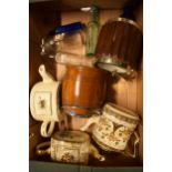 A collection of items to include wooden biscuit barrels, Sadler teapots, glass bottles to include