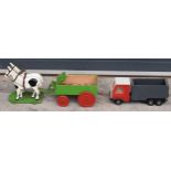 A pair of vintage 20th century scratch built wooden toys in the form of a lorry and horses and