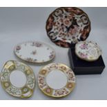 Five Royal Crown Derby side plates in the Red Aves, Gold Aves, Mikado, Red Derby Panel and Green