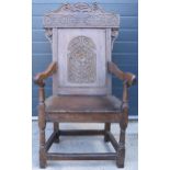 17th century Wainscot carver chair, 124cm tall. Generally in good solid condition for its age with