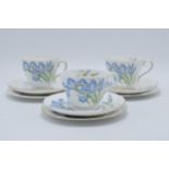 Three Shelley trios (3 x cups, saucers and side plates) in the Blue Iris pattern 14008 (9). In