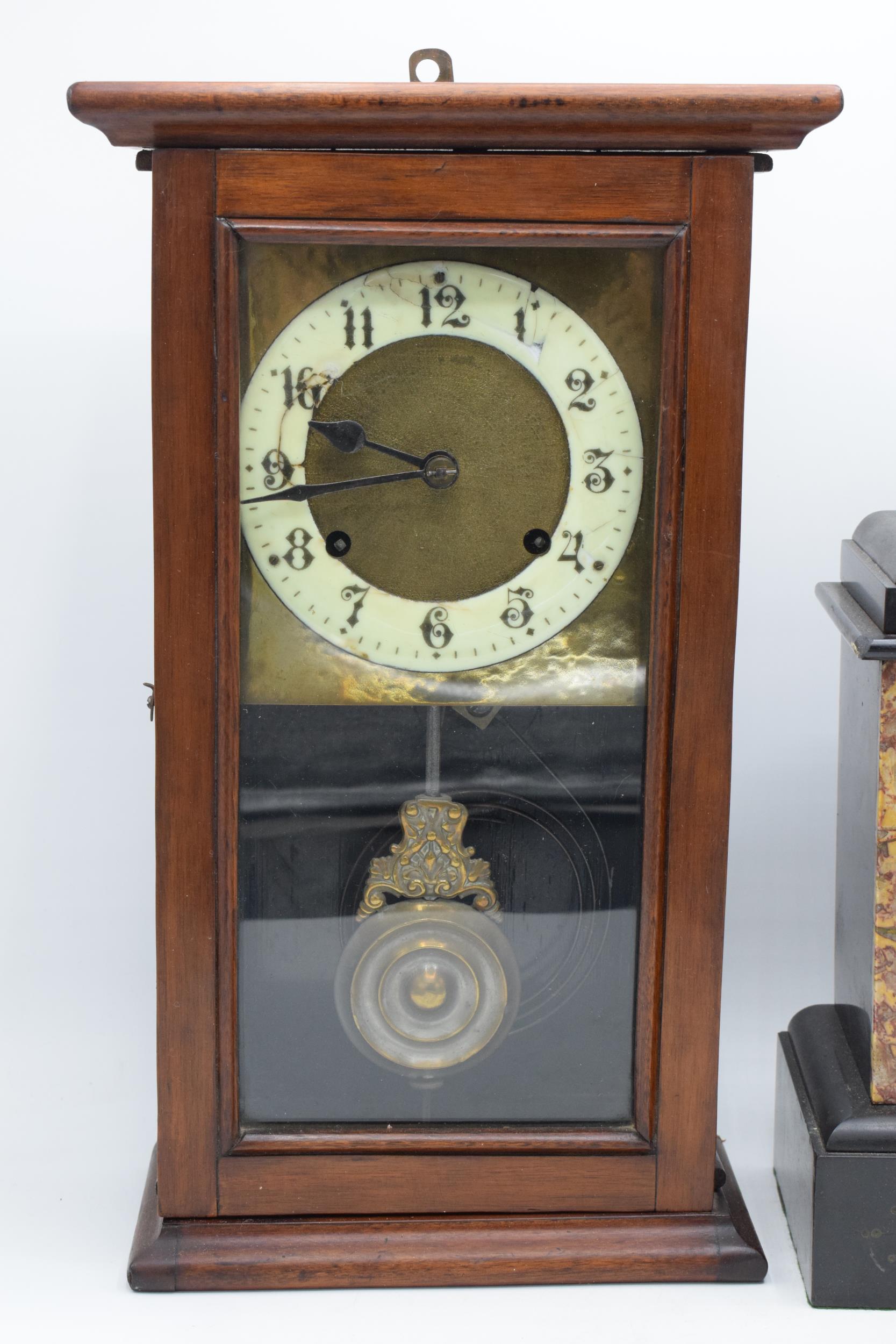 A vintage American wooden cased wall clock together with an early 20th century slate mantle clock ( - Image 3 of 5