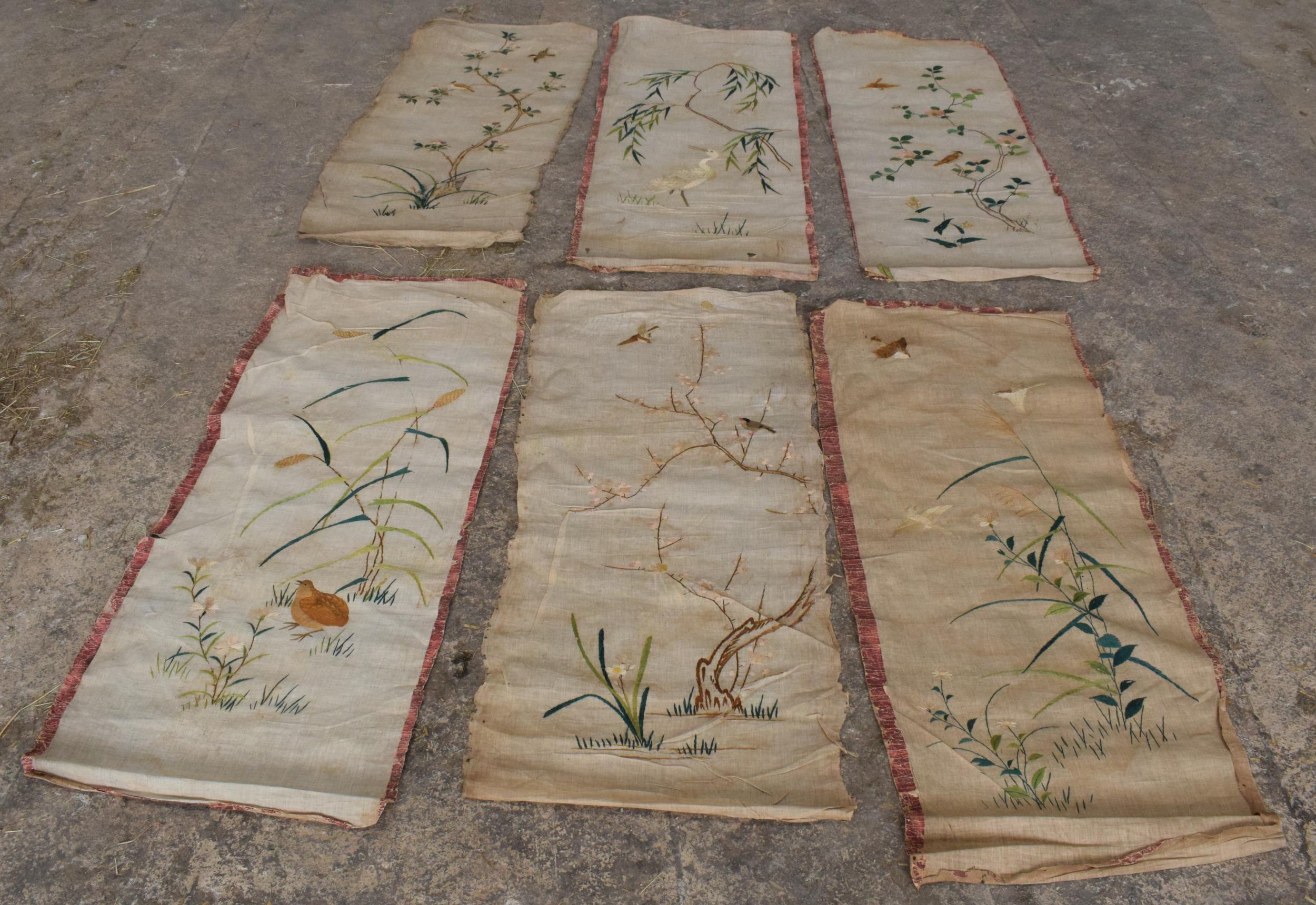 A collection of 6 Chinese silk wall hangings, each approximately 120 x 52cm. Condition varies.