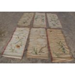 A collection of 6 Chinese silk wall hangings, each approximately 120 x 52cm. Condition varies.