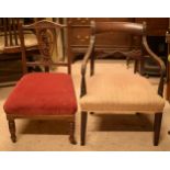 A Georgian mahogany carver chair with upholstered seat together with a later hall chair, 76cm