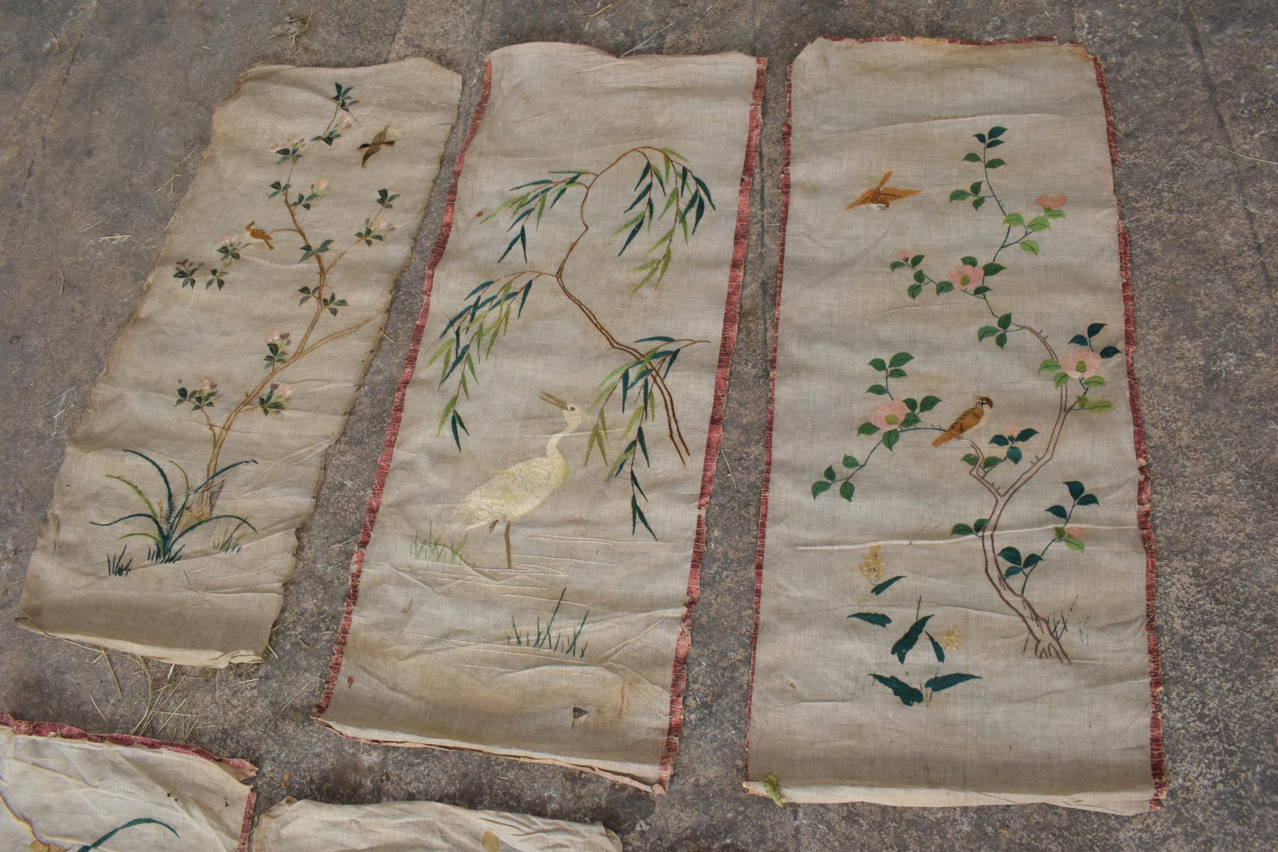 A collection of 6 Chinese silk wall hangings, each approximately 120 x 52cm. Condition varies. - Image 3 of 3